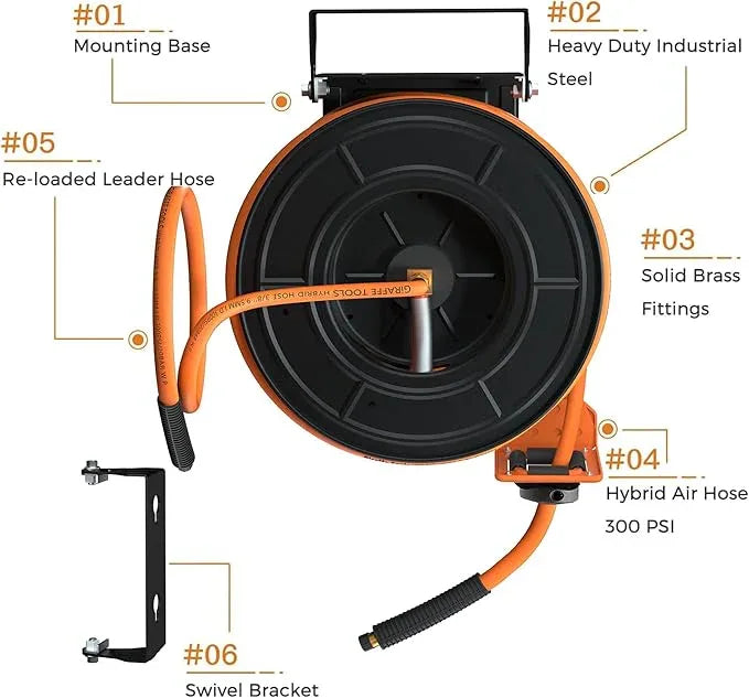 Giraffe Tools TA15BPLUS Retractable Air Hose Reel with Swivel Bracket 3/8" x 50 ft Hybrid Hose, Ceiling/Wall Mounted Heavy Duty Industrial Air Compressor Hose Reel, 300PSI, 50ft - NeatNest