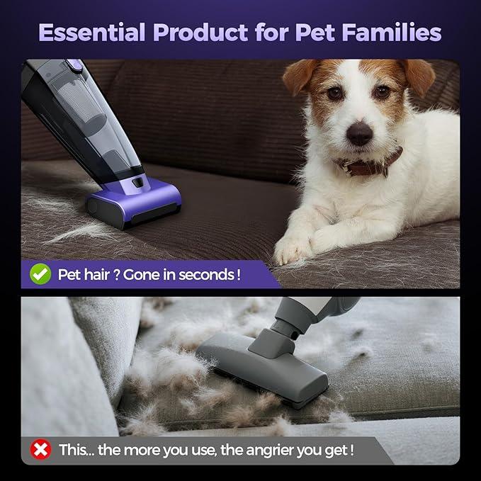 Pet Hair Handheld Vacuum Cordless: 20000PA High Power Car Vacuum with Motorized Brush and LED Light, Rechargeable Hand Held Vacuum Cleaner with Reusable Filter for Car, Home, Office & Pet, Purple - NeatNest
