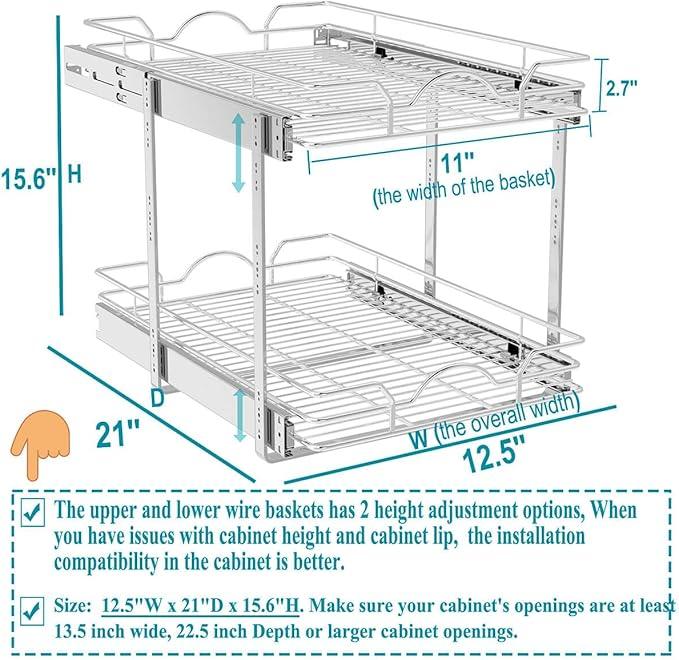 OCG 2 Tier Pull Out Cabinet Organizer (12.5" W x 21" D), Pull Out Drawers for Kitchen Cabinets, Pull Out Shelves for Base Cabinet Organization in Kitchen Bathroom Pantry, Chrome Finish - NeatNest