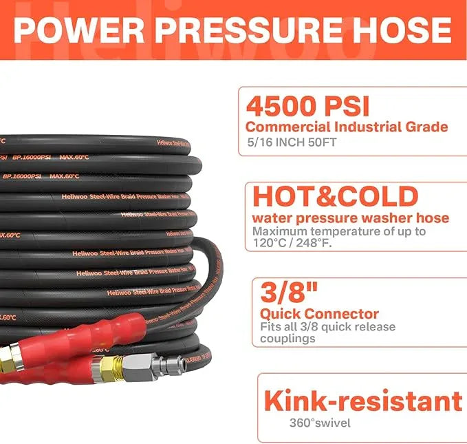 5/16" Pressure Washer Hose 50 FT, Hot and Cold Water Power Washer Hose Max 140°F, Commercial Industrial Grade Steel Wire Braided Kink Proof Extension Hose with 3/8 Quick Connect 4500 PSI - NeatNest