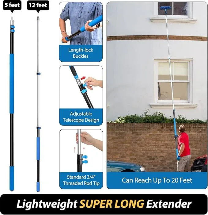20 Feet High Reach Duster Kit with 5-12 Ft Extension Pole, Cobweb Duster with Telescoping Pole, Window Squeegee with Scrubber, Spider Web Brush, High Ceiling Fan Duster for High Window, Interior Roof - NeatNest