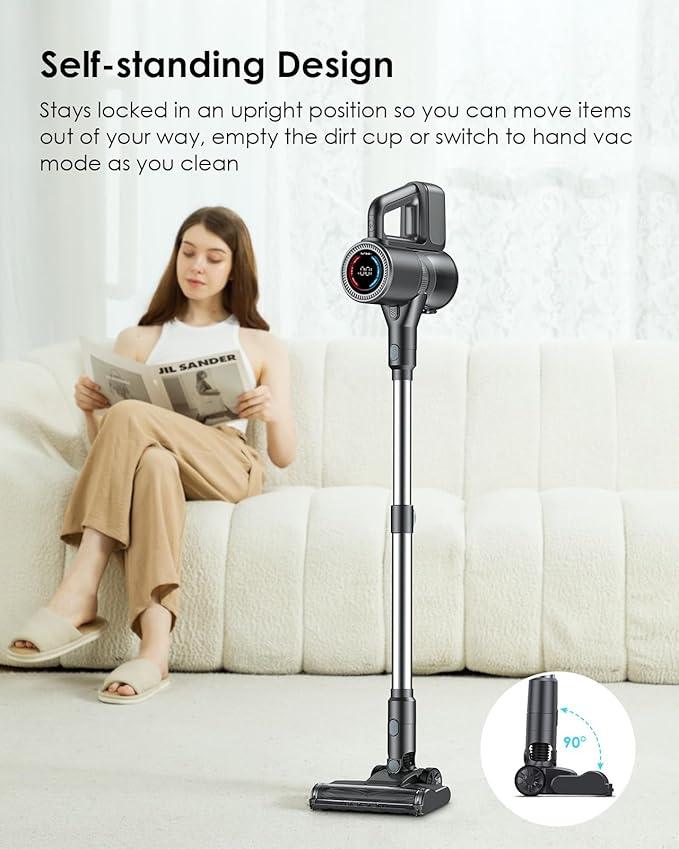 Cordless Vacuum Cleaner, 500W/40KPA Lightweight Stick Vacuum up to 40 mins Runtime, LED Display and Green Headlights, 6-Stages Filtration, Self-Standing Vacuum for Home Hard Floor, Carpet and Pet Hair - NeatNest