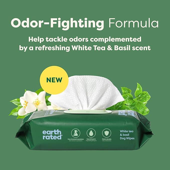 Earth Rated Pet Wipes for Dogs and Cats, Hypoallergenic, 3-in-1 Cleaning, Deodorizing and Hydrating, for Grooming Paws, Body and Butt, New White Tea and Basil Scent, 100 Count - NeatNest