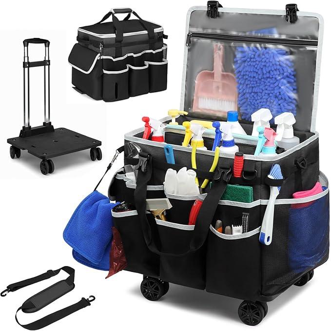 Large Rolling Cleaning Caddy Bag with Detachable Trolley, Full Support Plates for Professional Cleaning Supplies Bag, Organizer Bag with 4 Universal Wheels for Housekeepers, Car Wash, Office, Picnic - NeatNest
