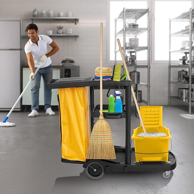 Dryser Commercial Janitorial Cleaning Cart on Wheels - Black Housekeeping Caddy with Cover, Shelves and Vinyl Bag - NeatNest