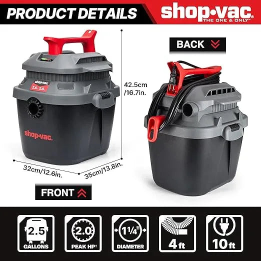 Shop-Vac 2.5 Gallon 2.0 Peak HP Wet Dry Vacuum with Blower, Wall-Mounted Portable Shopvac with 10 Feet Cord, 1.25 Inch x 4 Feet Hose, Small Vacuum Cleaner Ideal for Garage, Workshop & Home, 5430095 - NeatNest