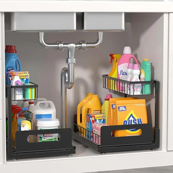 2 Pack Under Sink Organizer, 2 Tier Pull Out Cabinet Organizer,Slide out Metal Cabinet Organizers Multi-Purpose Drawer Shelf for Kitchen Bathroom Pantry Cabinet Closet Organization Rack,Black - NeatNest
