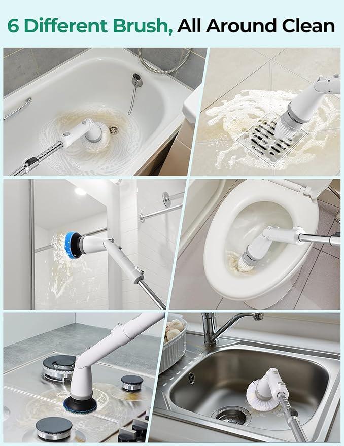 kHelfer Electric Spin Scrubber Kh8, Upgrade Cordless Shower Scrubber 8 Replacement Head, 1.5H Bathroom Scrubber Dual Speed, Shower Cleaning Brush with Extension Arm for Bathtub Tile Floor - NeatNest