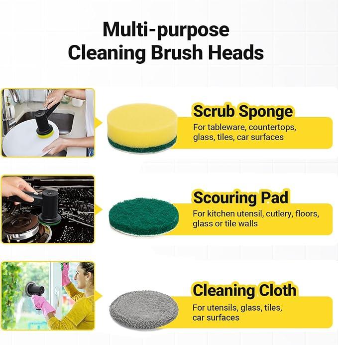 Electric Spin Scrubber, 3000 mAh Cordless Power Scrubber with 8 Replaceable Heads, Dual Speed Lightweight Handheld Scrubber for Cleaning Stove/Bowl/Sink/Corner/Tile/Grout (Black) - NeatNest