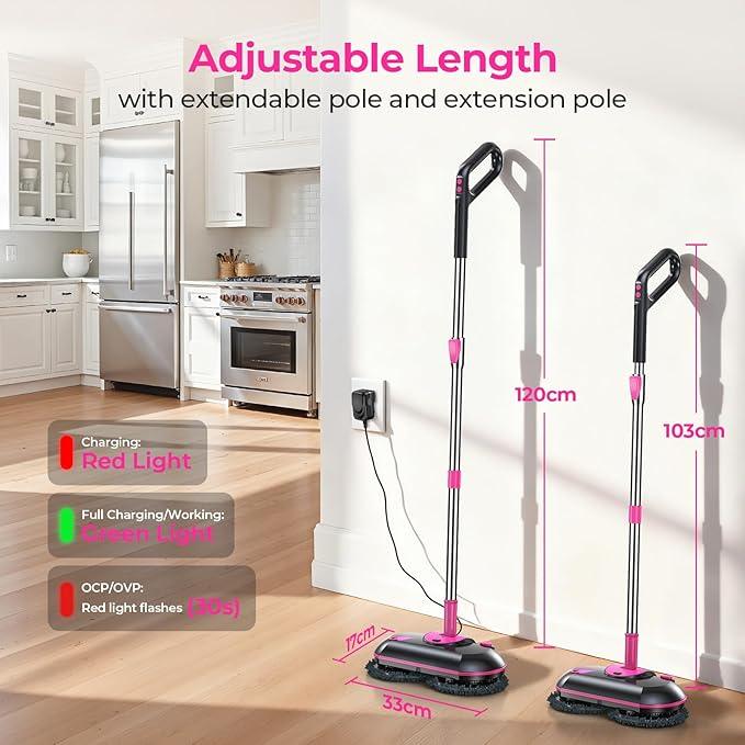 ScrubWiz Electric Spin Mop with Water Sprayer, Cordless Self-Propelled Floor Cleaner for Hardwood & Tile, Quiet Cleaning, Adjustable Handle, 2500mAh Long-Lasting Battery, 300ml Tank, Pink - NeatNest