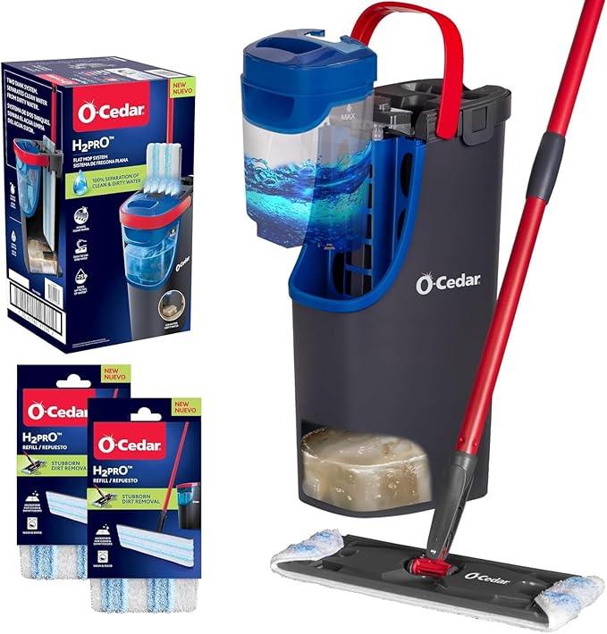 O-Cedar H2prO Flat Mop System with 2 Mop Head Refills | Quick Cleaning Tool | Clean with Clean Water | Machine Washable Reusable Microfiber Mop Pad | Safe on Wood Floors, Vinyl,Tile, Baseboards, Walls - NeatNest