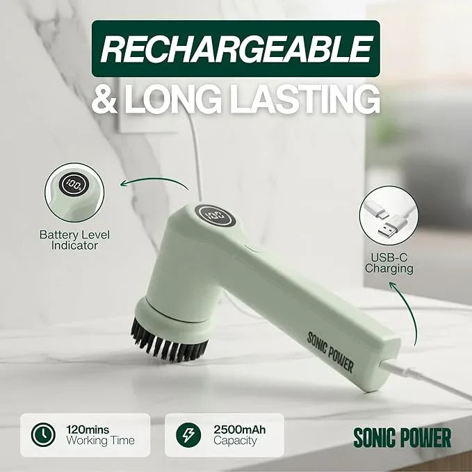 Electric Spin Scrubber – Handheld & Ergonomic, IPX7 Waterproof, 4 Multi-Purpose Brush Heads, Long-Lasting Rechargeable Battery – Cleans Dishes, Bathroom, Tile, Grout & Kitchen (Sage) - NeatNest