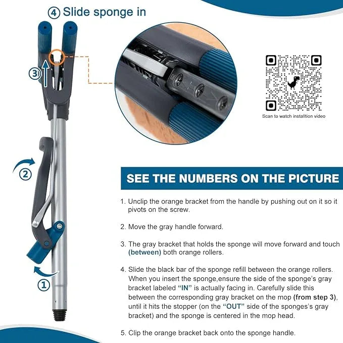 Sponge Mop for Floor Cleaning, 50" Heavy Duty Roller Mop with 4 Cellulose Refill Heads, Easy Self-Squeeze for Hardwood Tile Concrete, Wall Ceiling - NeatNest
