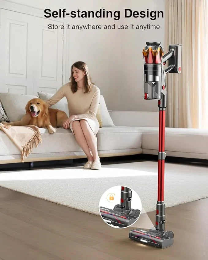 Cordless Vacuum Cleaner, 650W 55KPa 70Mins Vacuum Cleaners for Home, Self-Standing Stick Vacuum with Anti-Tangle Brush & OLED Touch Screen, Vacuum Cleaner for Hardwood Floors,Carpet,Pet Hair,Car (Red) - NeatNest