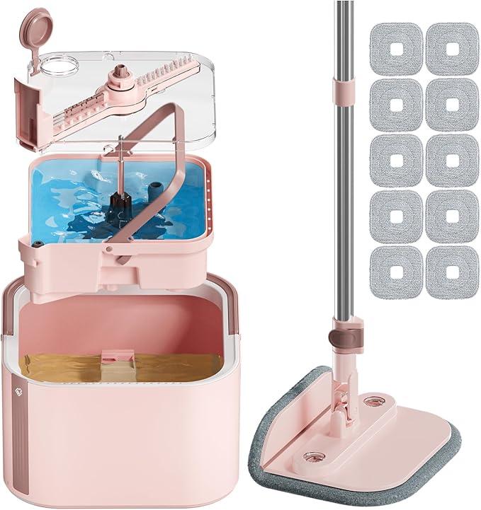 Upgraded Spin Mop and Bucket Self-Standing Mop Bucket Separate Dirty and Clean Water System Self Wringing 360° Rotating & 90° Foldabl Mops and Buckets for Floor Cleaning (Pink, 10Pads) - NeatNest