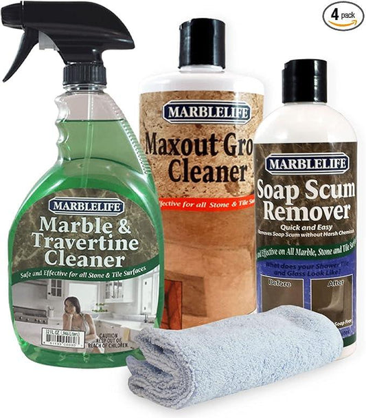 Marblelife Bathroom Combo Kit, With Marble & Travertine Cleaner, MaxOut Deep Grout Cleaner for Tile Floors, Soap Scum Remover For Shower & Other Surfaces, Includes A Cleaning Cloth - NeatNest