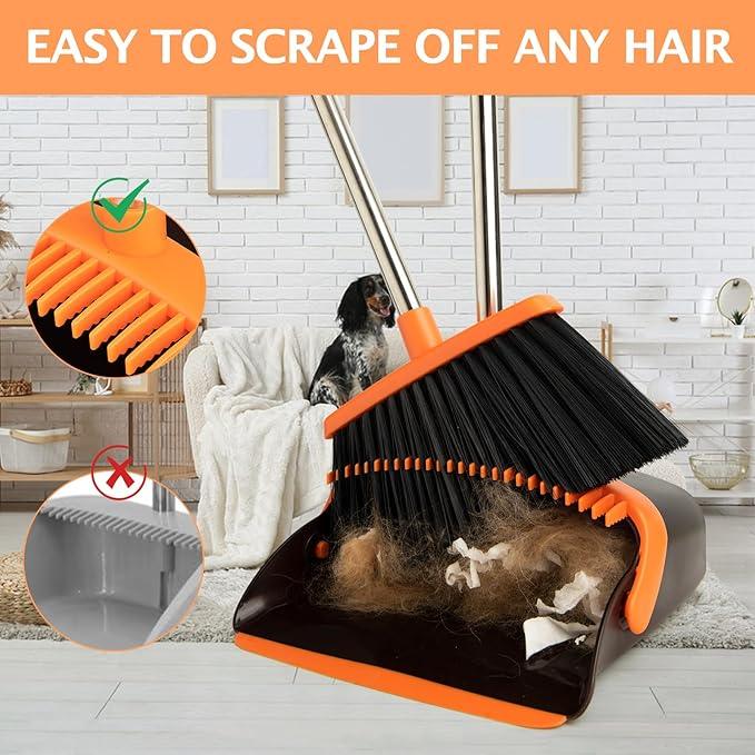 2-Pack Broom and Dustpan Set with Long Handle, Heavy Dust Broom and Dustpan Combo for Home，Kitchen, Office, Pet Hair (Brown Orange) - NeatNest