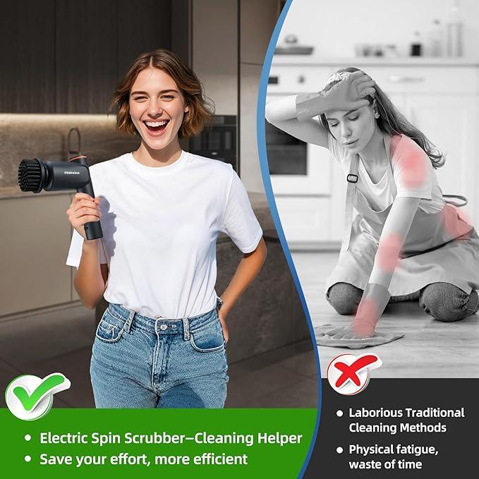 Electric Spin Scrubber, Bathroom Shower Scrubber with LCD Display, 2 Speeds Electric Scrubber for Cleaning with 6 Replaceable Heads, 4-Hour Runtime‌, Cleaning Brush for Kitchen/Car, Gray-Black - NeatNest