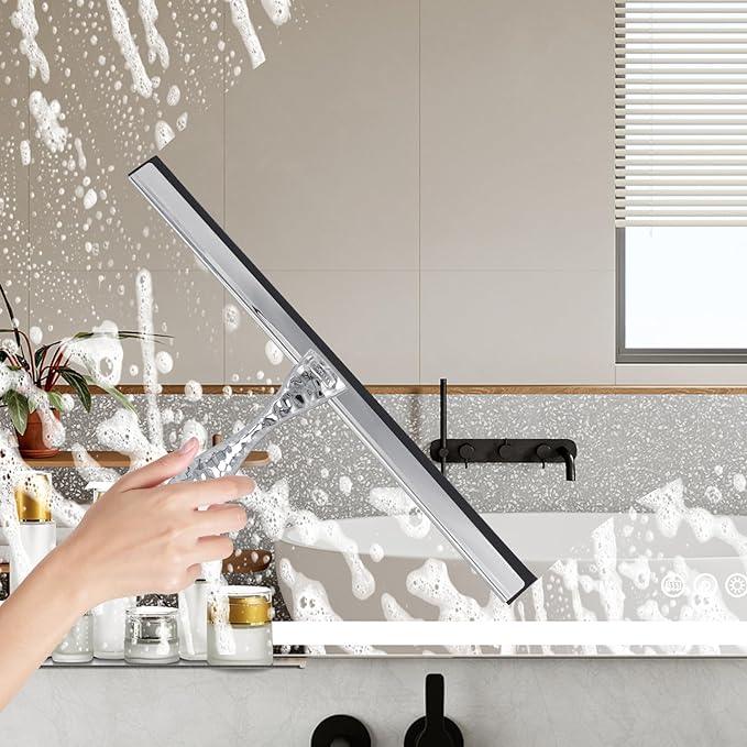 All-Purpose Silicone Shower Squeegee for Shower Glass Door,with 1 Hooks,for Bathroom Glass, Car, Tile Wall, Mirror Cleaning - Flower Shaped Handle for Easy-Grip 14 Inch Silver - NeatNest