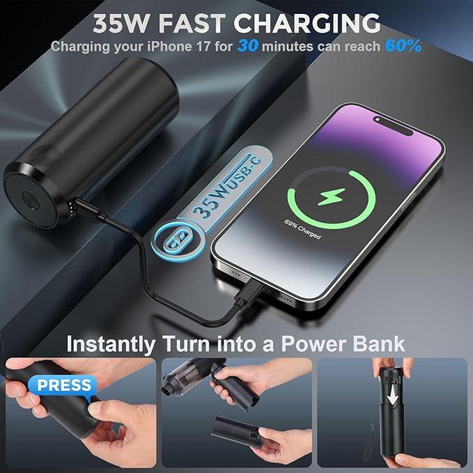 Cordless Handheld Vacuum with 6000mAh Power Bank & LED Light – 3-in-1 Car Vacuum, Air Blower & Phone Charger, 20,000Pa Strong Suction, 1lb Mini Vacuum for Car, Home, Pet Hair & Travel - NeatNest
