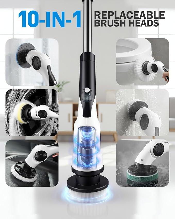 Electric Spin Scrubber, 3-Speed Cordless Shower Scrubber with 90° Adjustable & 10 Replaceable Brush Heads, 90 Mins Runtime & Full-Body IPX7 Waterproof Shower Cleaner Brush with Long Handle - NeatNest