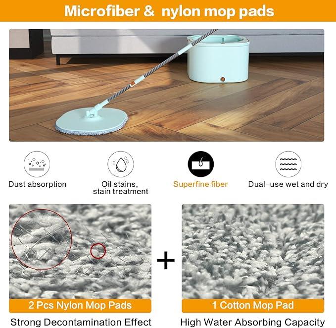 Flat Floor Mop and Bucket System Set with Wringer, Spin Mop and Bucket Separate Clean and Dirty Water with Self Separation for Hardwood, Laminate, Tile, Floor Cleaning, Wet and Dry Use, LightCyan - NeatNest