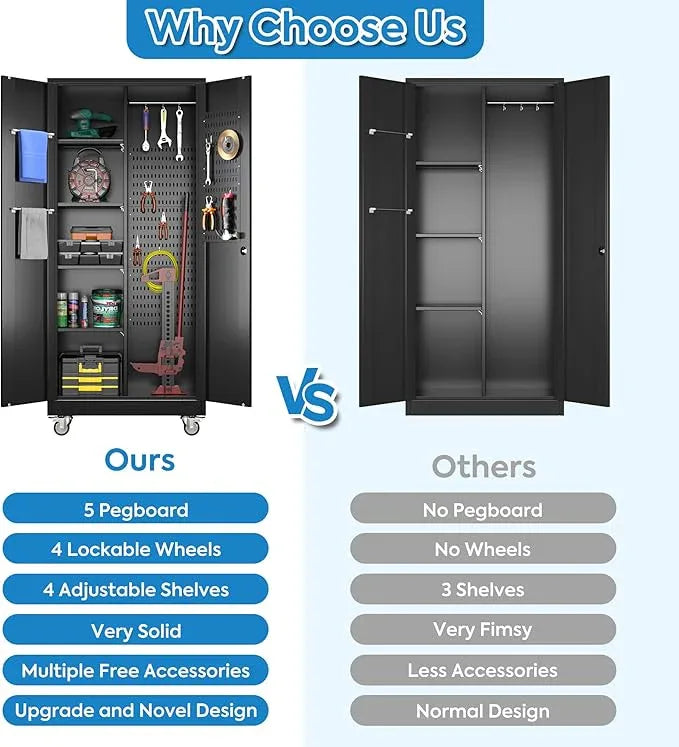SUXXAN Broom Closet Storage Cabinet with Wheels 71.4"x 31.5"x15.7", Metal Cleaning Cabinets with Hooks and Hanging Rods, Lockable Cabinet with Pegboard, Adjustable Shelf,for Garage, Laundry Room - NeatNest