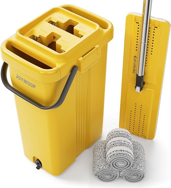 JOYMOOP Industrial Mop and Bucket Set, 17.7-inch Dust Mops for Floor Cleaning, Flat Mop Bucket with Wringer, Include 3 Reusable Microfiber Mop Pads - Yellow - NeatNest