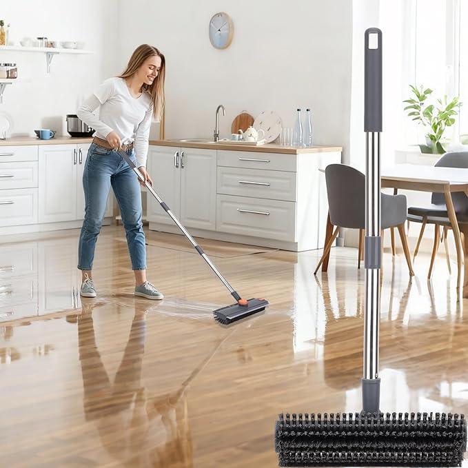 Floor Scrub Brush with 64" Long Handle - 360° Swivel Heads Household Push Brush with Squeegee and Right Angled Bristle for Cleaning Concrete Floors Grout Gardens Patio Deck Concrete Garage Heavy Duty - NeatNest