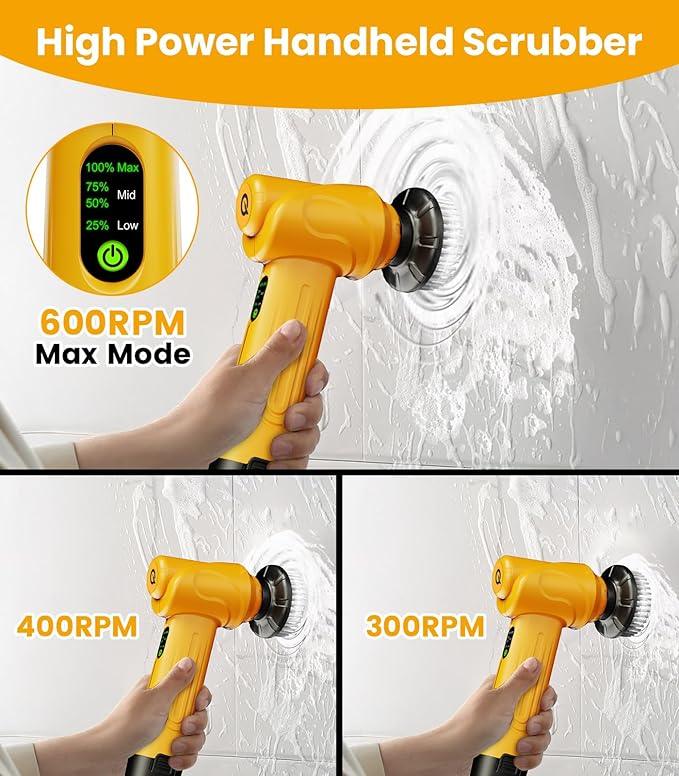 qimedo Battery Electric Spin Scrubber Q4, 800RPM Handheld Scrubber for Cleaning with Display, Power Dish Scrubber with 5 Heads, Shower Cordless Cleaning Brush for Bathroom/Sink/Window - NeatNest