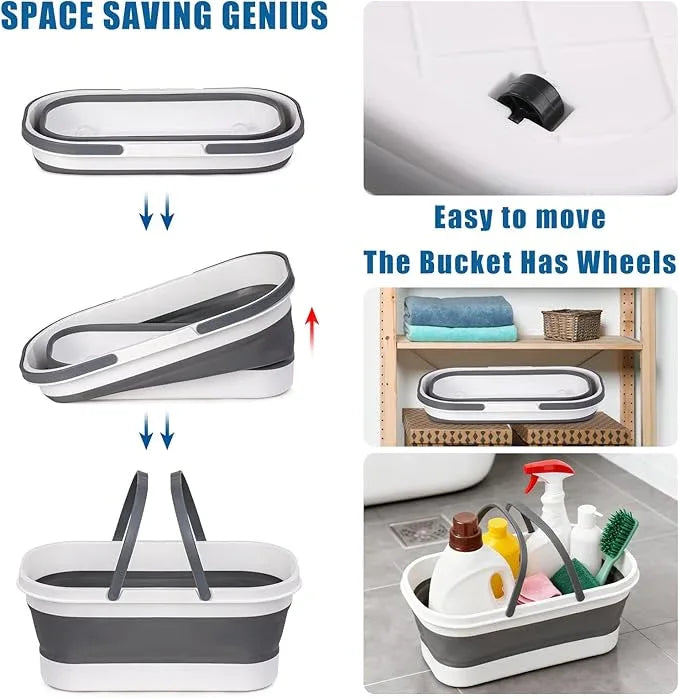 Flat Mop and Bucket Set with Floor Squeegee, Heavy Duty Scrub Brush, 2 Washable Reusable Microfiber Pads, for Tile Hardwood, Wall Cleaning, Home Indoor or Outdoor Cleaning (White-Gray) - NeatNest