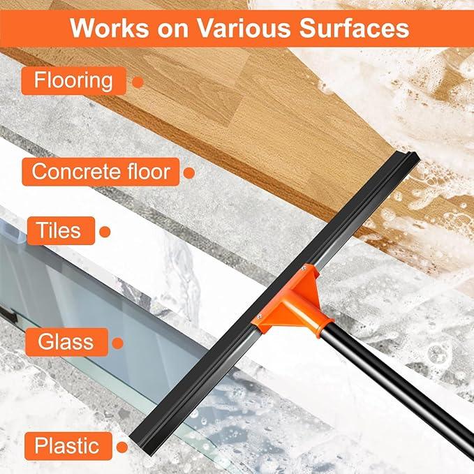 Heavy Duty Floor Squeegee with Long Handle, 18" Rubber Wiper Broom for Concrete Tile Cleaning Commercial Scrubber Mop for Garage Deck Bathroom Kitchen Pool Glass - NeatNest