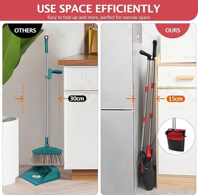Broom and Dustpan Set with Long Handle, Light Weight Stainless Steel Poles Stand Upright Dustpans with Broom Combo for Home Kitchen Office Pet Dog Hair, Black & Red Color, 1-Pack - NeatNest