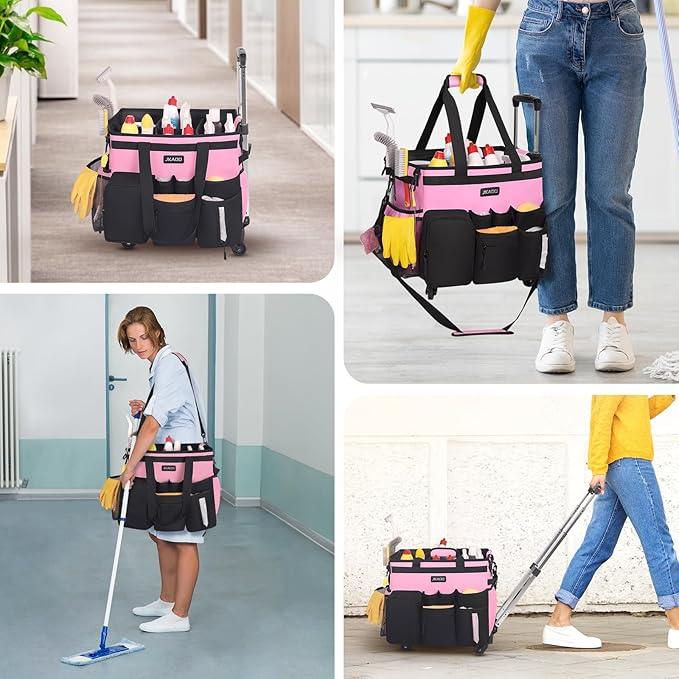 Large Rolling Cleaning Caddy Bag with Detachable Trolley, Waterproof Cleaning Caddy on Wheels for Housekeepers, Cleaning Cart Supplies Organizer for Home,Car,Office,Picnic (Pink) (in Patent) - NeatNest