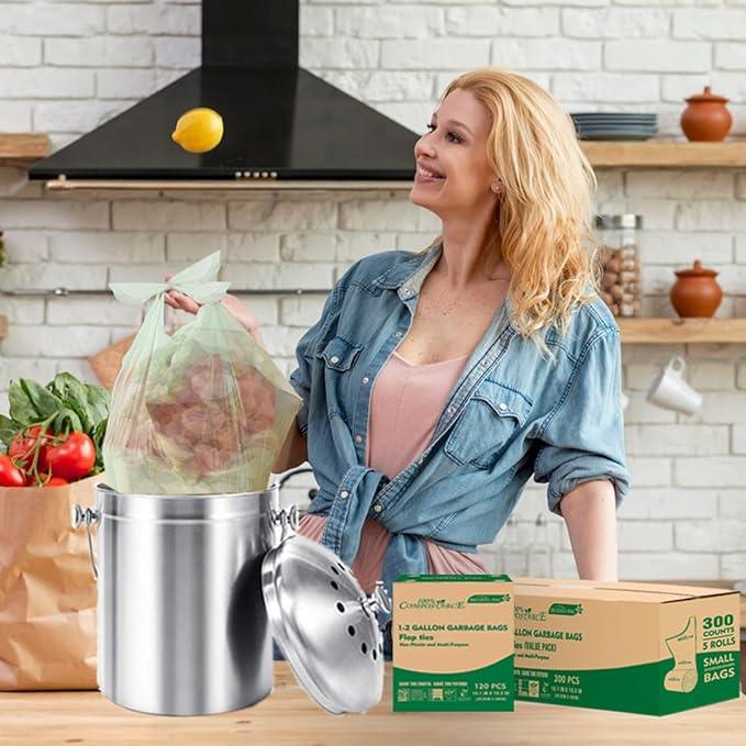 1-2 Gallon Flap Tie Compostable Trash Bags, 300 Count Small Compost Bags, Biodegradable Kitchen Garbage Bags, Food Scrap Waste Bags for Countertop Bin, ASTM D6400, US BPI Certified - NeatNest