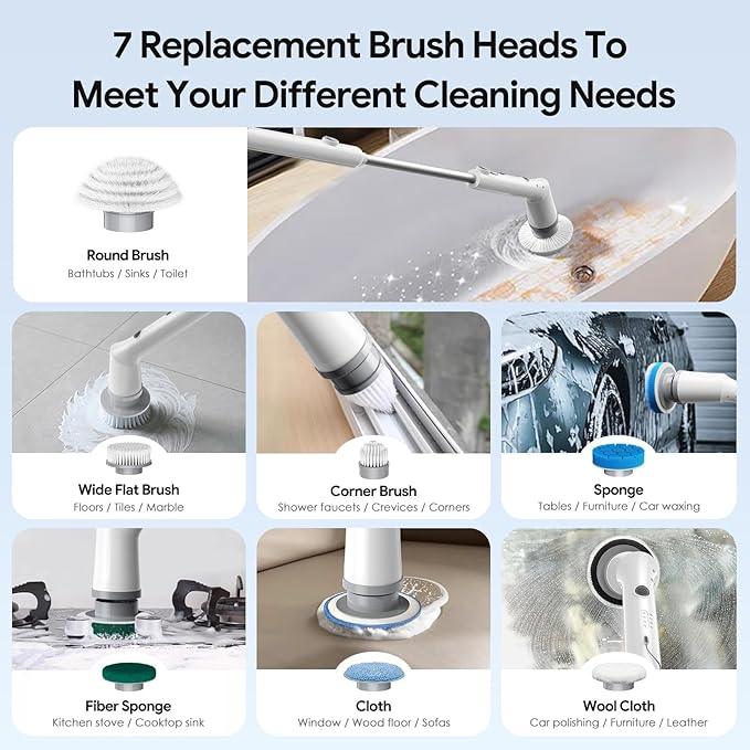 Electric Spin Scrubber, 2025 New Cordless Cleaning Brush, Shower Cleaning Brush with 7 Replaceable Brush Heads, Power Scrubber 3 Adjustable Speeds, Detachable Long Handle & IPX7 Waterproof - NeatNest