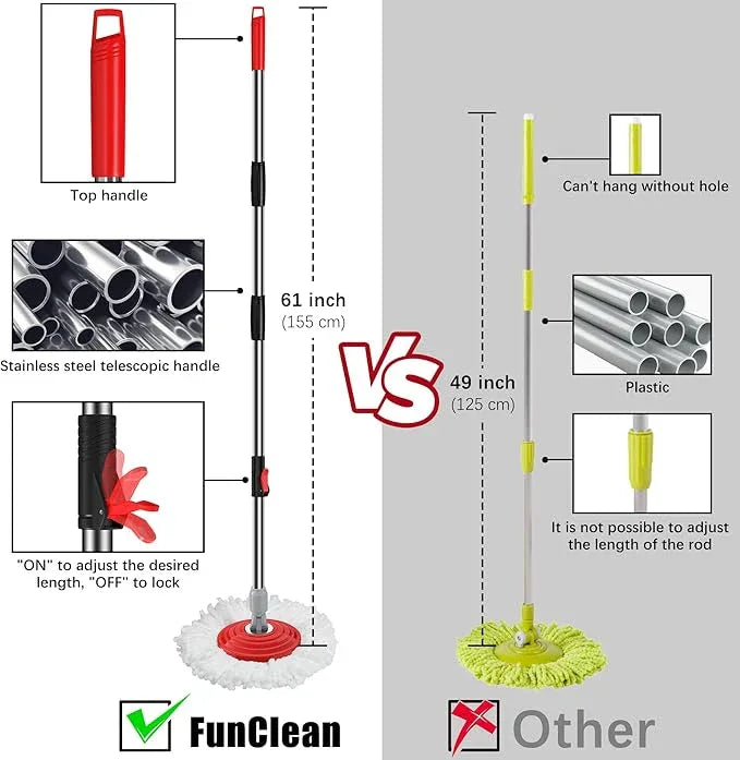 FunClean 360° Spin Mop and Bucket Set with Wringer, 6 Extra Microfiber Heads, 61" Extended Handle for Effortless Floor Cleaning, 2X Wheel Design - Black - NeatNest