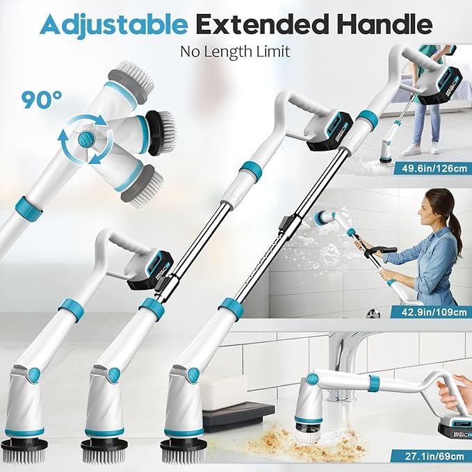 1500RPM Electric Spin Scrubber, 8 Brush Heads Electric Scrubber for Cleaning, Shower Scrubber with Long Handle and Two Battery, High Power Scrubber with Display for Bathroom/Tub/Floor - NeatNest
