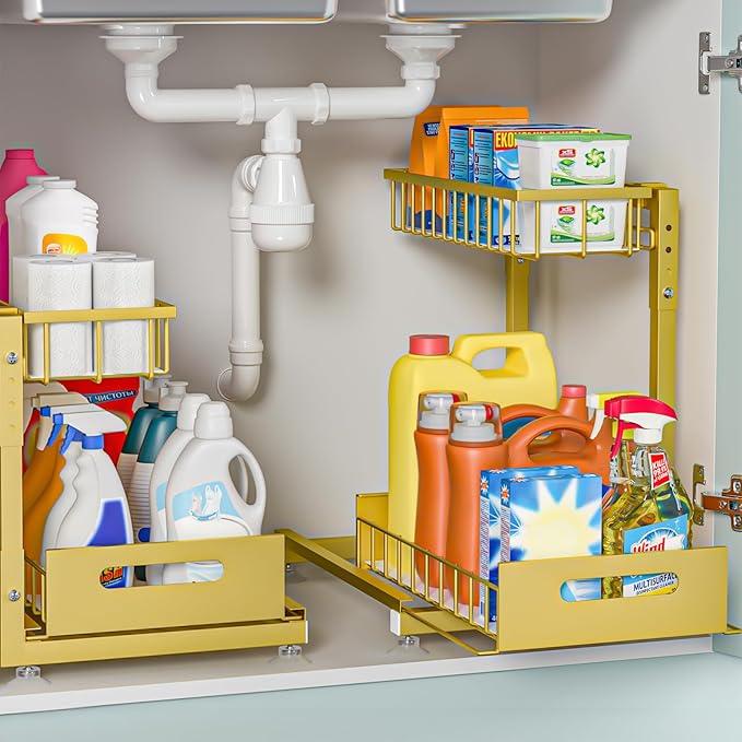 2 Pack Pro Under Sink Organizer Storage: Premium Metal 2-Tier Pull-Out Wire Basket Organizer, L Shape Height Adjustable, Easy Installation | Kitchen & Bathroom Cabinet Organizers - NeatNest