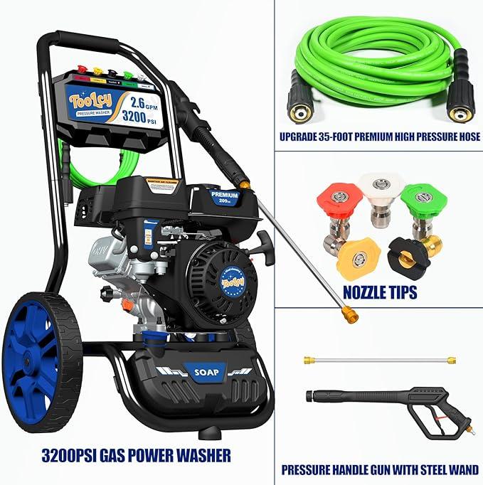 TOOLCY Gas Powered Pressure Washer, 3200 PSI and 2.6 Max GPM, 35FT Extended Power Hose, Kink-Less Swivel Gun with & 5 Nozzles, Reinforced Pump, for Cars/Fences/Driveways/Homes/Patios - NeatNest