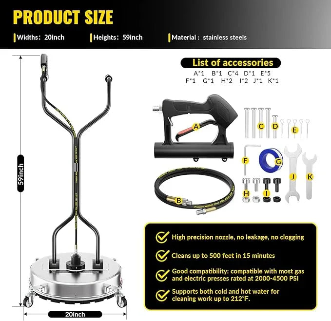 20'' Pressure Washer Surface Cleaner,4500PSI Power Washer Surface Cleaner Attachment with Wheels,Dual Handle,Stainless Steel Housing, 3/8'' Quick-Connect for Driveway Sidewalk Curb Deck Patio Cleaning - NeatNest