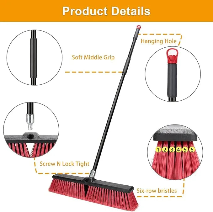 18 inches Push Broom Outdoor Garden Broom with 63" Long Handle for Deck Driveway Garage Yard Patio Concrete Floor Cleaning(Red) - NeatNest