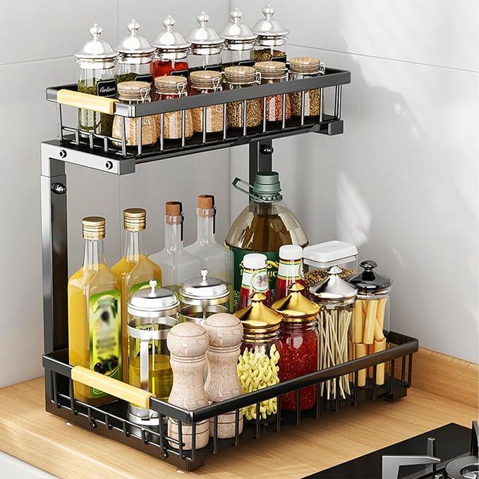 2 Pack 2 Tiers Pull Out Under Sink Organizers, Metal Kitchen Storage Shelf, Pull Out Under Sink Storage Rack, Multi-purpose Under Sink Shelf Organizer for Under Sink Cabinet Bathroom Kitchen (Black) - NeatNest