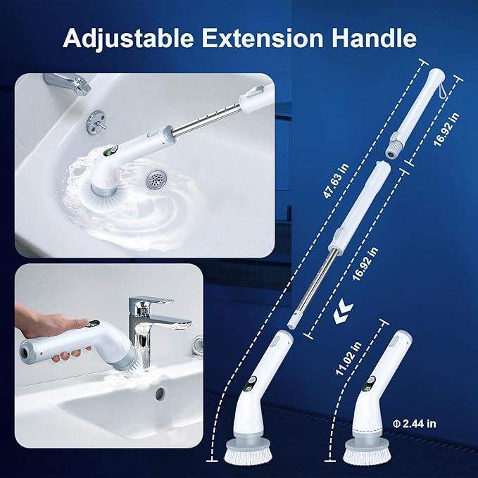 LABIGO Electric Spin Scrubber LA4 Pro, Dual Speed Bathroom Scrubber with Display & 6 Replacement Cleaning Heads, Cordless Power Scrubber with Adjustable & Detachable Handle for Bathroom Floor Tile - NeatNest