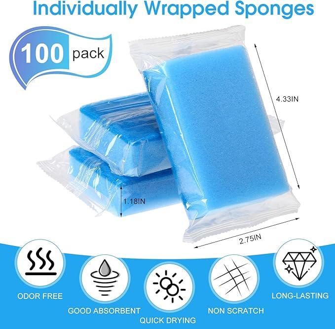 Tioncy 100 Pcs Individually Wrapped Sponges Kitchen Bulk Blue Dish Non Scratch Scrub Sponges Dual Sided Cleaning Dish Scrubber for Washing Dishes, Pots, Pans, Sinks, Stoves, Appliances, Car, Bike - NeatNest
