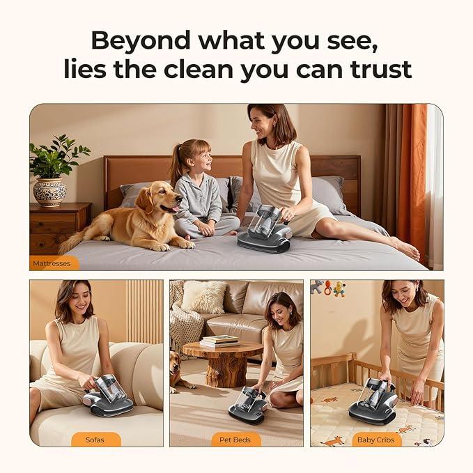 JIGOO Cordless Mattress Vacuum Cleaner with UV-C Light, Bed Vacuum Cleaner with Dust Sensor, Ultrasonic and High Heating, Deep Cleaning Bed Vacuum for Sofa Bed Fabric Surface (S100 Cordless) - NeatNest