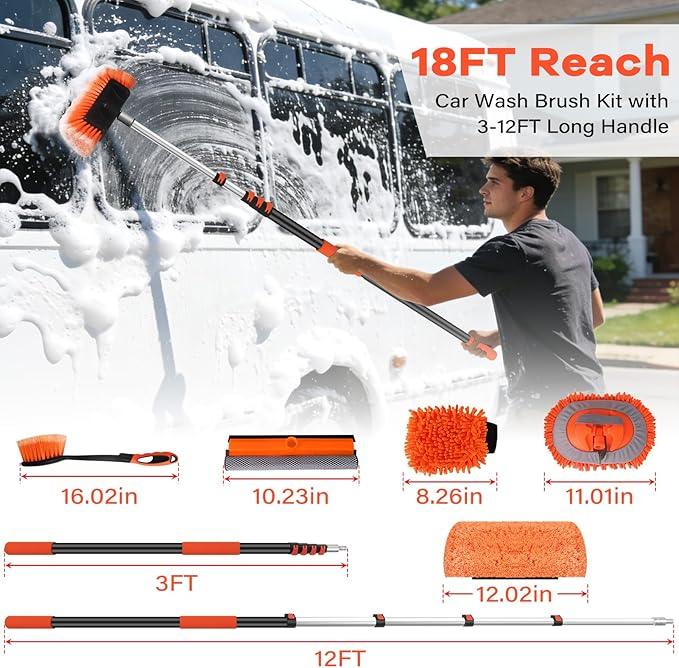 18FT Reach Car Wash Brush with Long Handle,Scratch-Free Soft Bristle Car Cleaning Kit with 3-12FT Extension Pole,Microfiber Clean Mop,Window Squeegee,Mitt,Wheel Brush for RV,Truck,SUV,Siding Washing - NeatNest