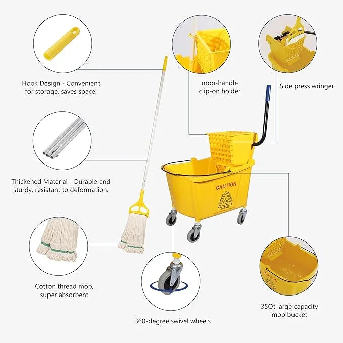 35Qt. Side-Press Mop Bucket and Wringer Combo on Wheels, Yellow, for Floor Cleaning/Wet Mopping,Including One Commercial Mop and Wet Floor Caution Sign (24inch) - NeatNest