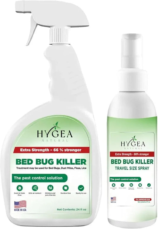 Hygea Natural Extra-Strength Bed Bug DIY Kit - unique, Odorless, Child & Pet Friendly - All water-friendly surfaces - 1 Bed Bug Spray (24 oz) & 1 Bed Bug Travel Spray in TSA Approved Size (3 oz) - NeatNest