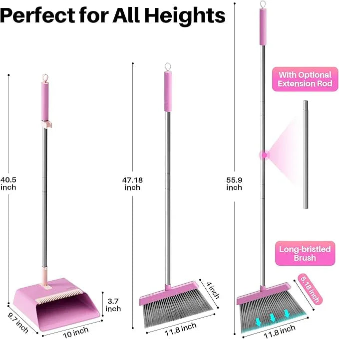 JOYMOOP Pink Broom and Dustpan Set, Upright Angle with Built-in Comb Teeth for Kitchen, Lobby, Pet Hair and Hard Floors - NeatNest